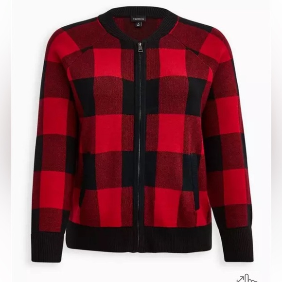 Torrid Cardigan Zip Up Buffalo Plaid Bomber Sweater - Picture 4 of 15
